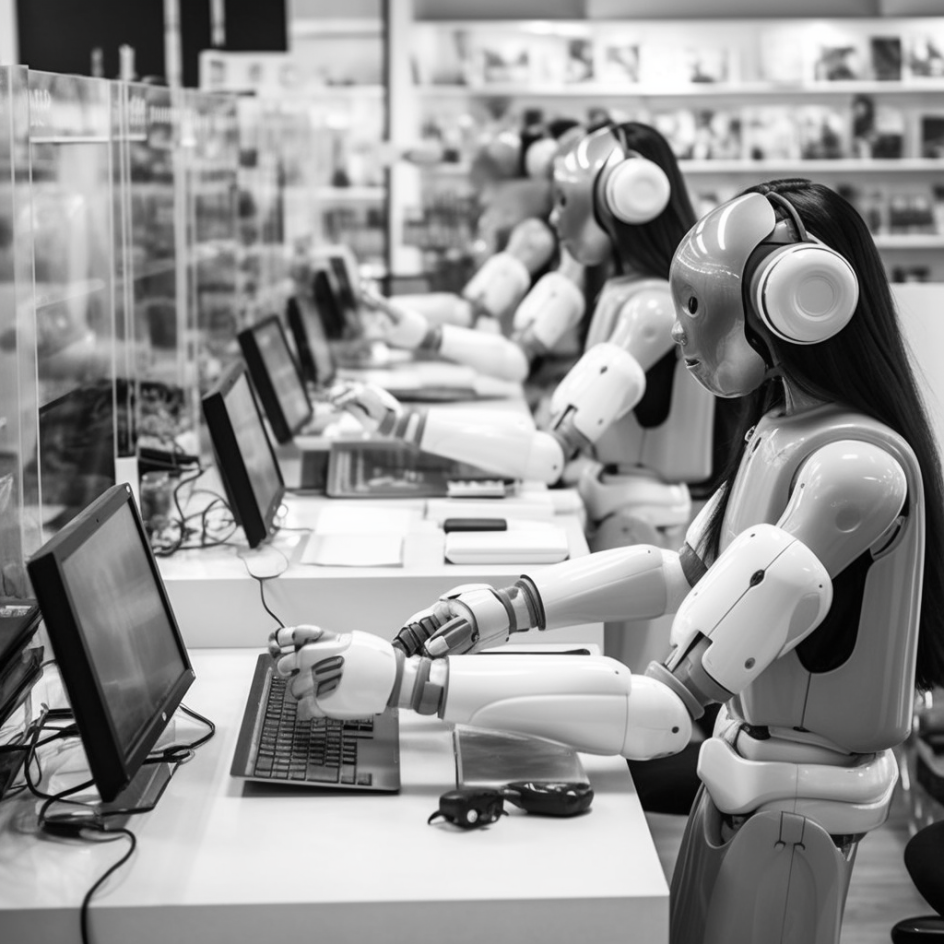 Robots working on laptops showing the Impact of AI on Customer Service