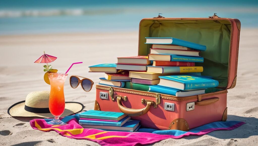 Summer Reading - books in a suitcase on a beach
