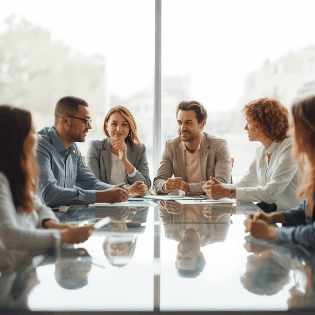 Asset management team sitting in board room